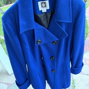 Anne Klein Royal Blue Wool Blend Double Breasted Coat | XL | Statement Peacoat